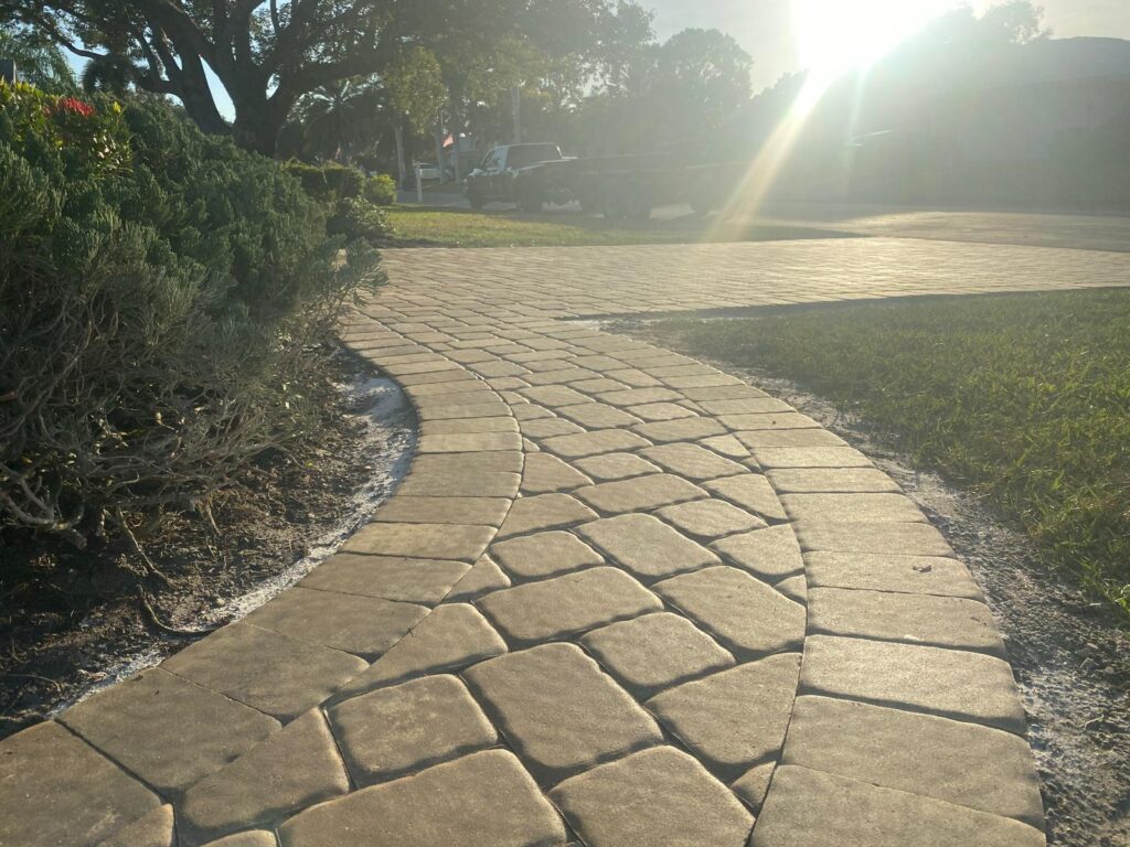 Paver walkway with plants on the left side and a lawn on the right side