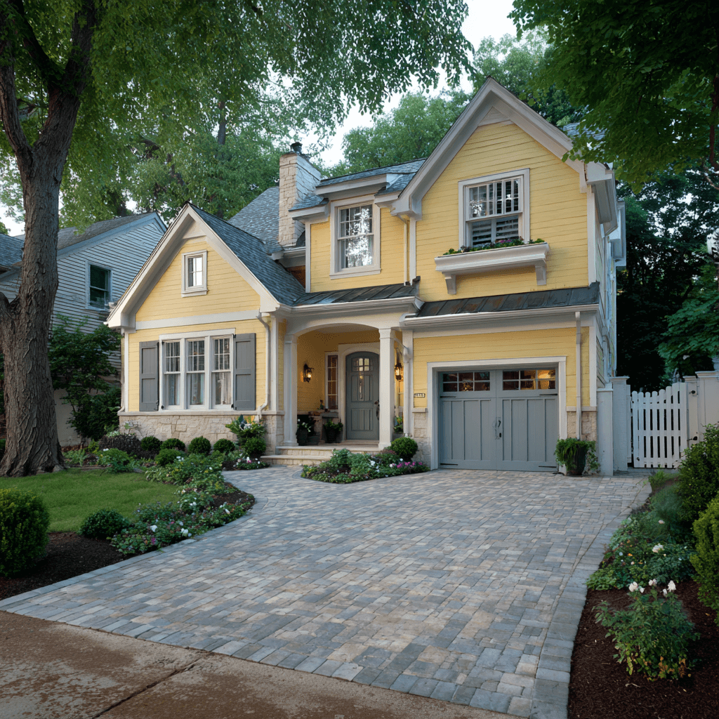 What color of pavers goes with a yellow house?
