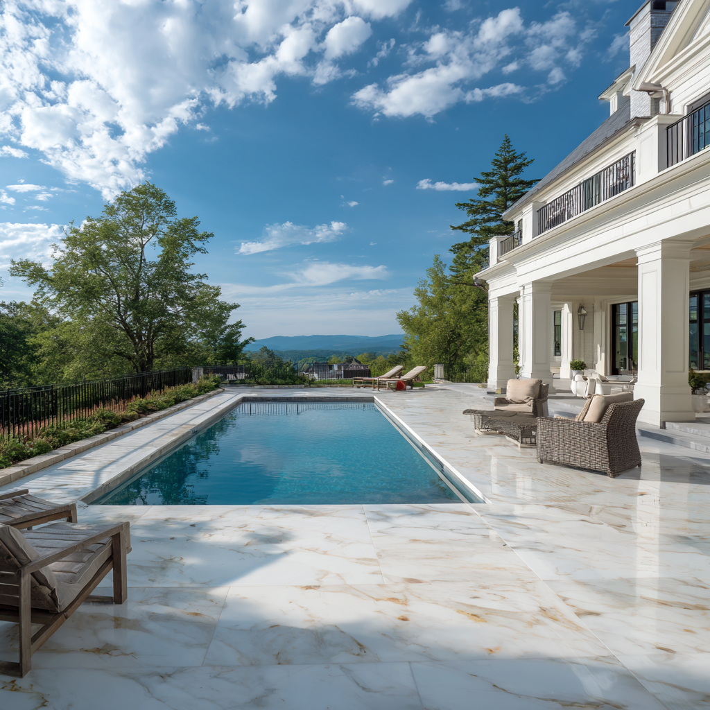 Pool deck with marble pavers