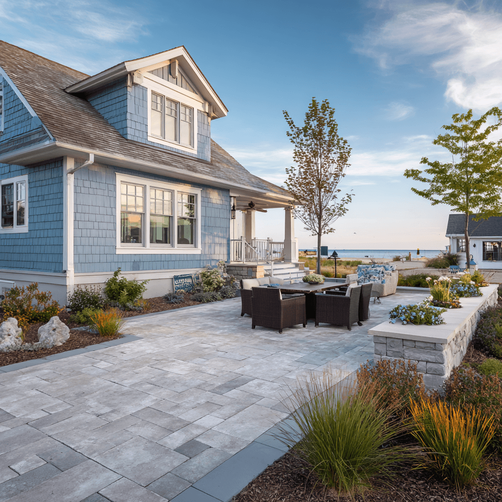 What color of pavers goes with a blue house?