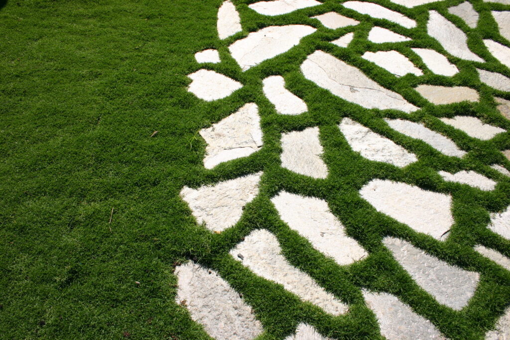 Pavers between artificial grass