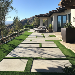 Pavers between artificial grass: a timeless design trend