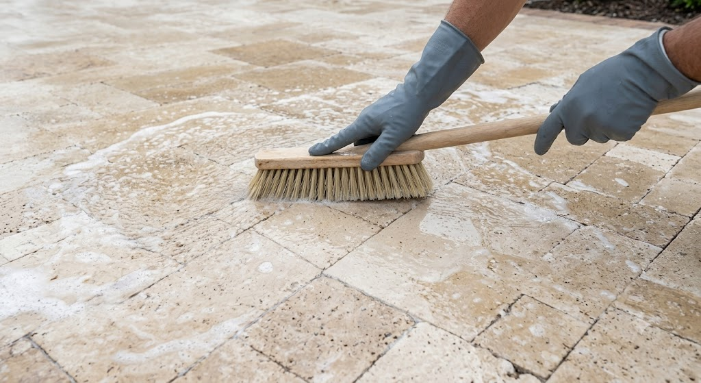 how to clean stone pavers brushing