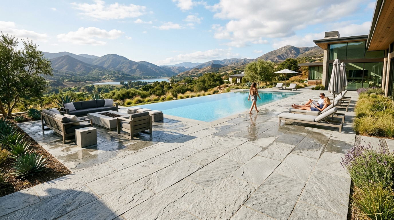 Wide view of a luxury patio and pool area featuring light colored cool touch pavers under bright natural sunlight.