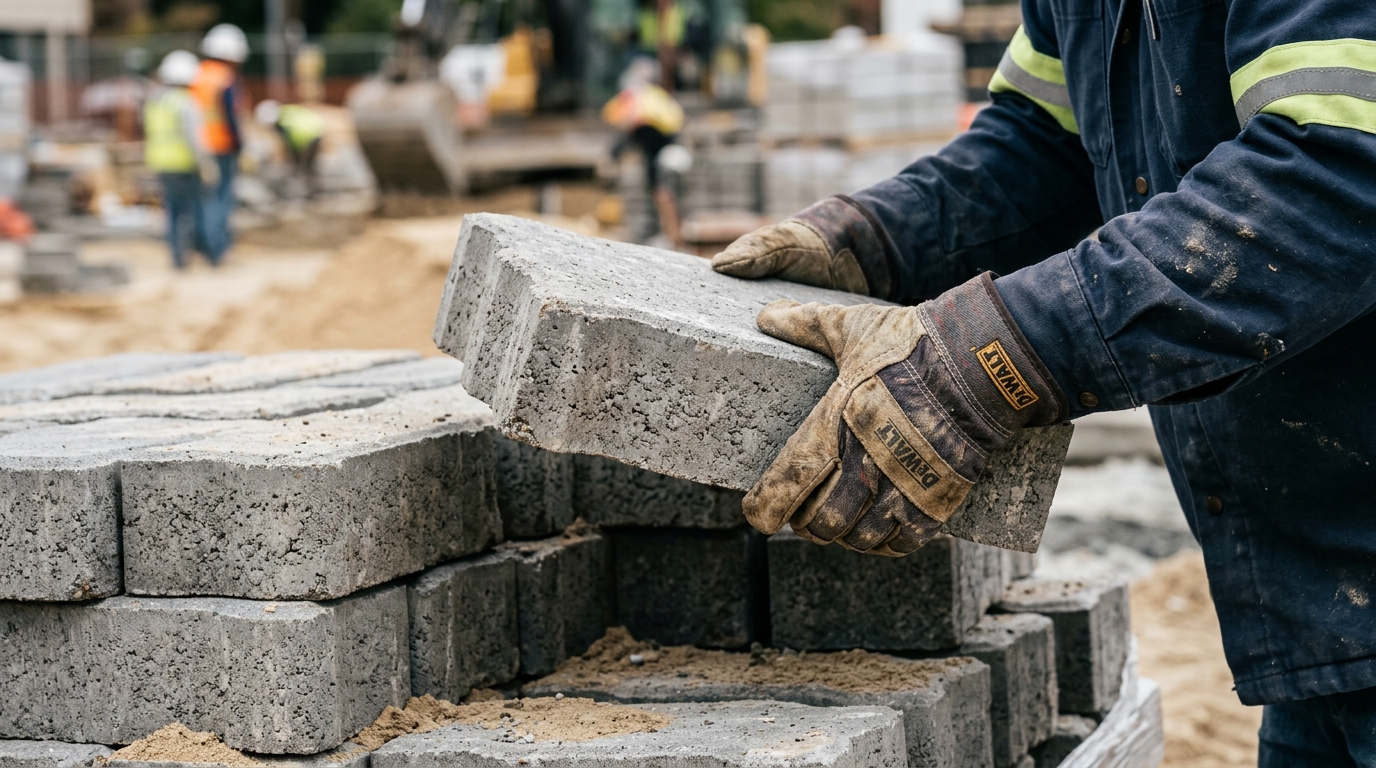 Close up of a worker lifting a heavy stone to show how much do pavers weigh during a professional patio installation.
