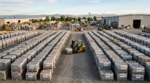 Industrial supply yard with pallets of stones used to calculate how much do pavers weigh for construction projects.