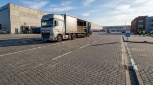 A heavy truck parked on a wide industrial lot to test how much weight can pavers support in professional settings.