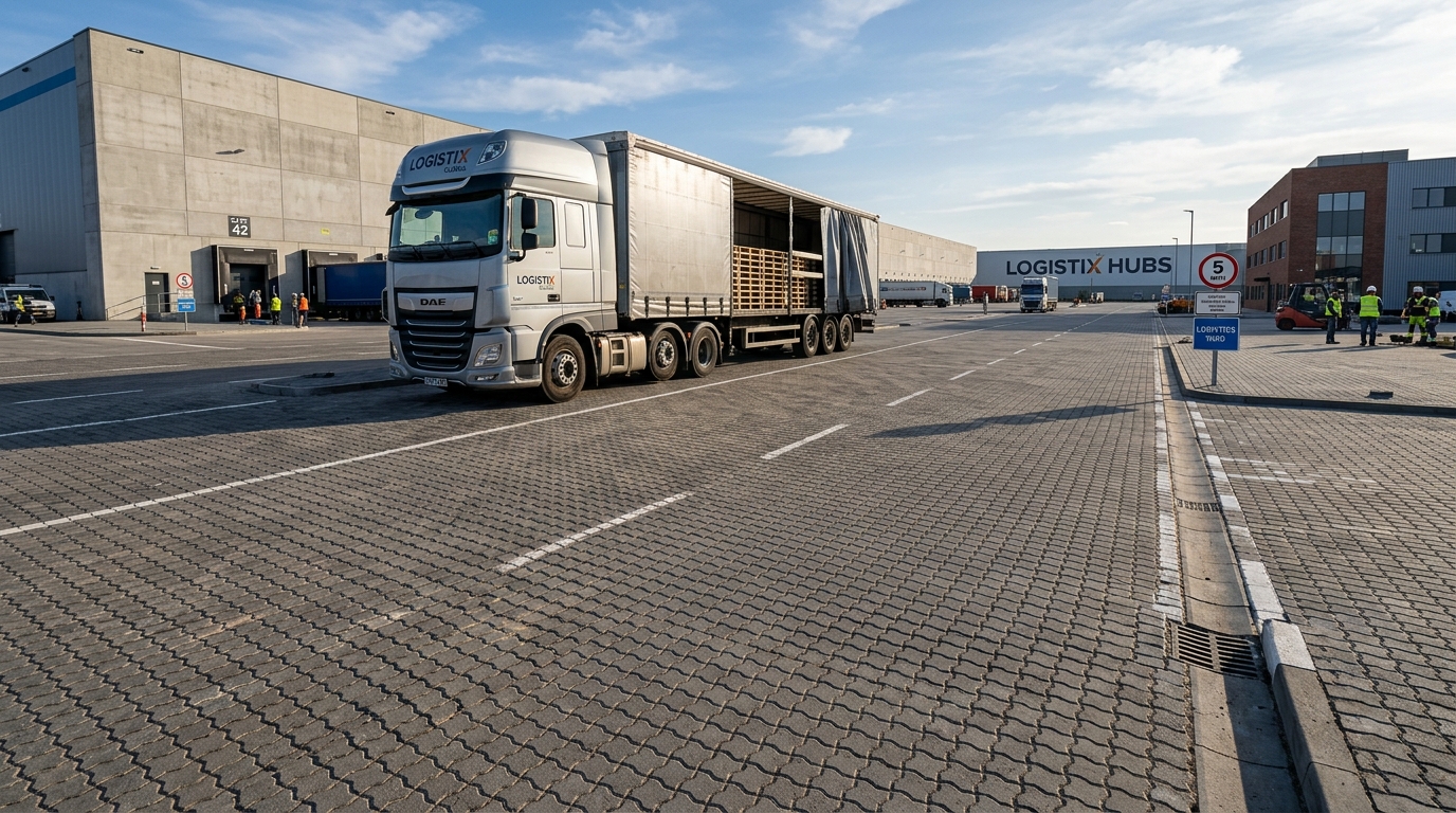 A heavy truck parked on a wide industrial lot to test how much weight can pavers support in professional settings.
