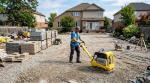 Wide shot of a worker using a plate compactor in a yard to show how to compact paver base for a new patio.