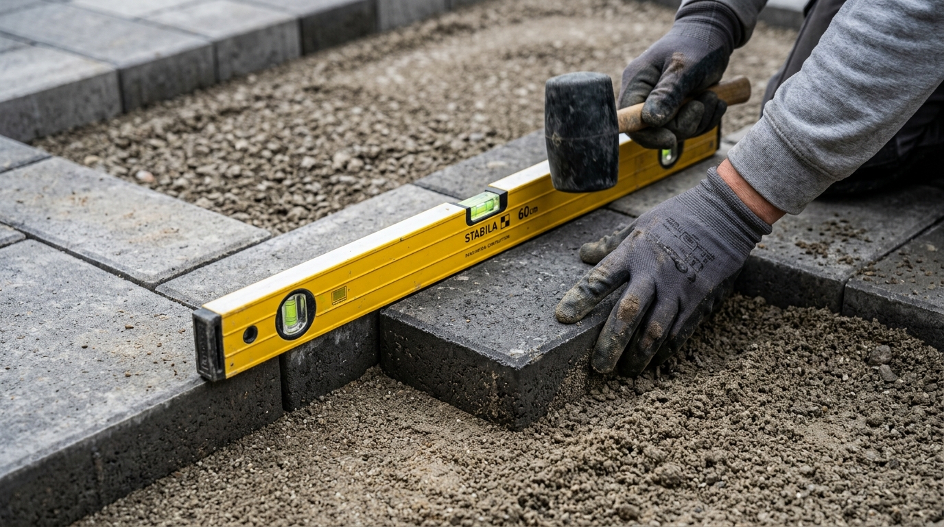 Close up of a worker hands precisely laying pavers on gravel using a rubber mallet for a leveled stone patio surface.