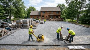 Construction site showing a large backyard patio area prepared for laying pavers on gravel with professional equipment.