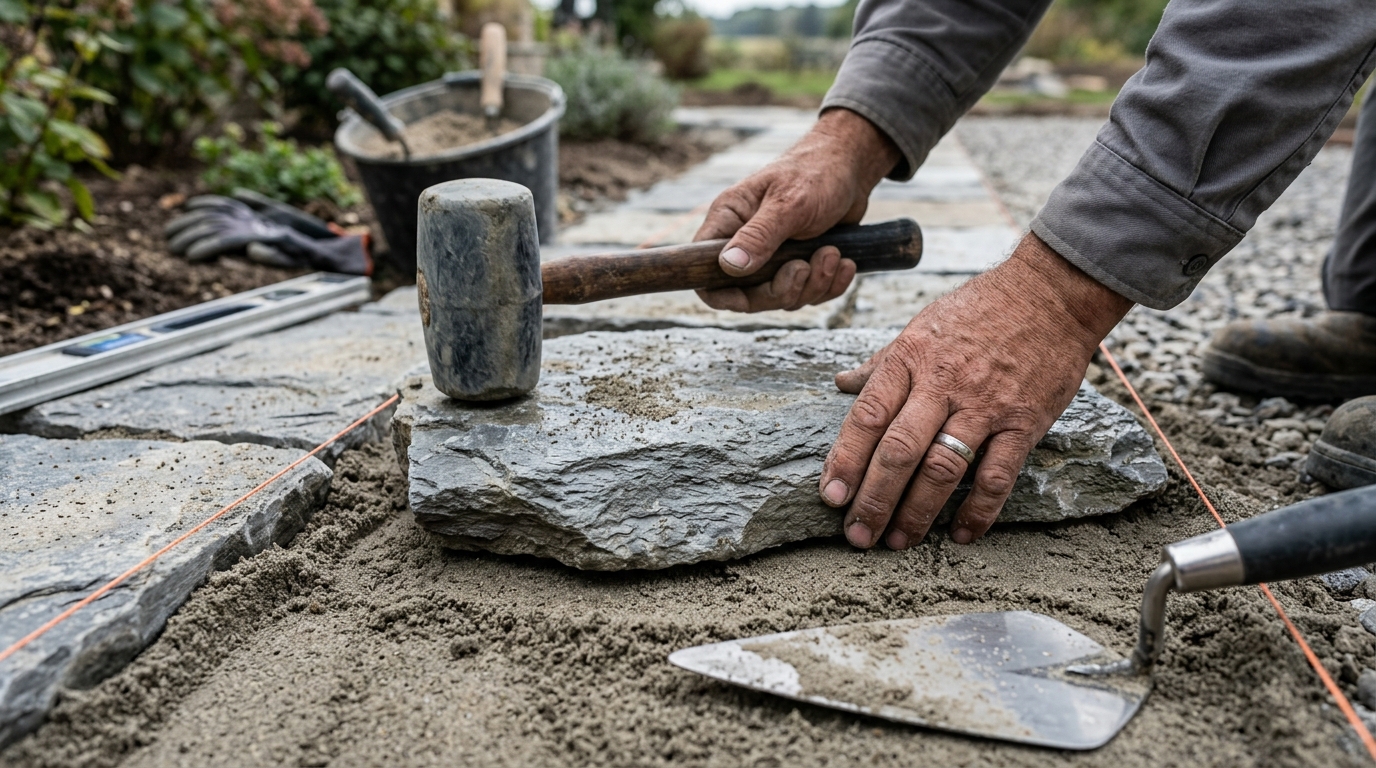 A close up of hands installing slate pathway stones into a sand base with precision and professional tools.