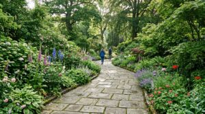 Wide view of a professional garden landscape featuring curved pathway stones through lush greenery under natural light.