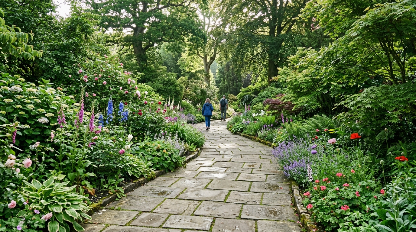 Wide view of a professional garden landscape featuring curved pathway stones through lush greenery under natural light.