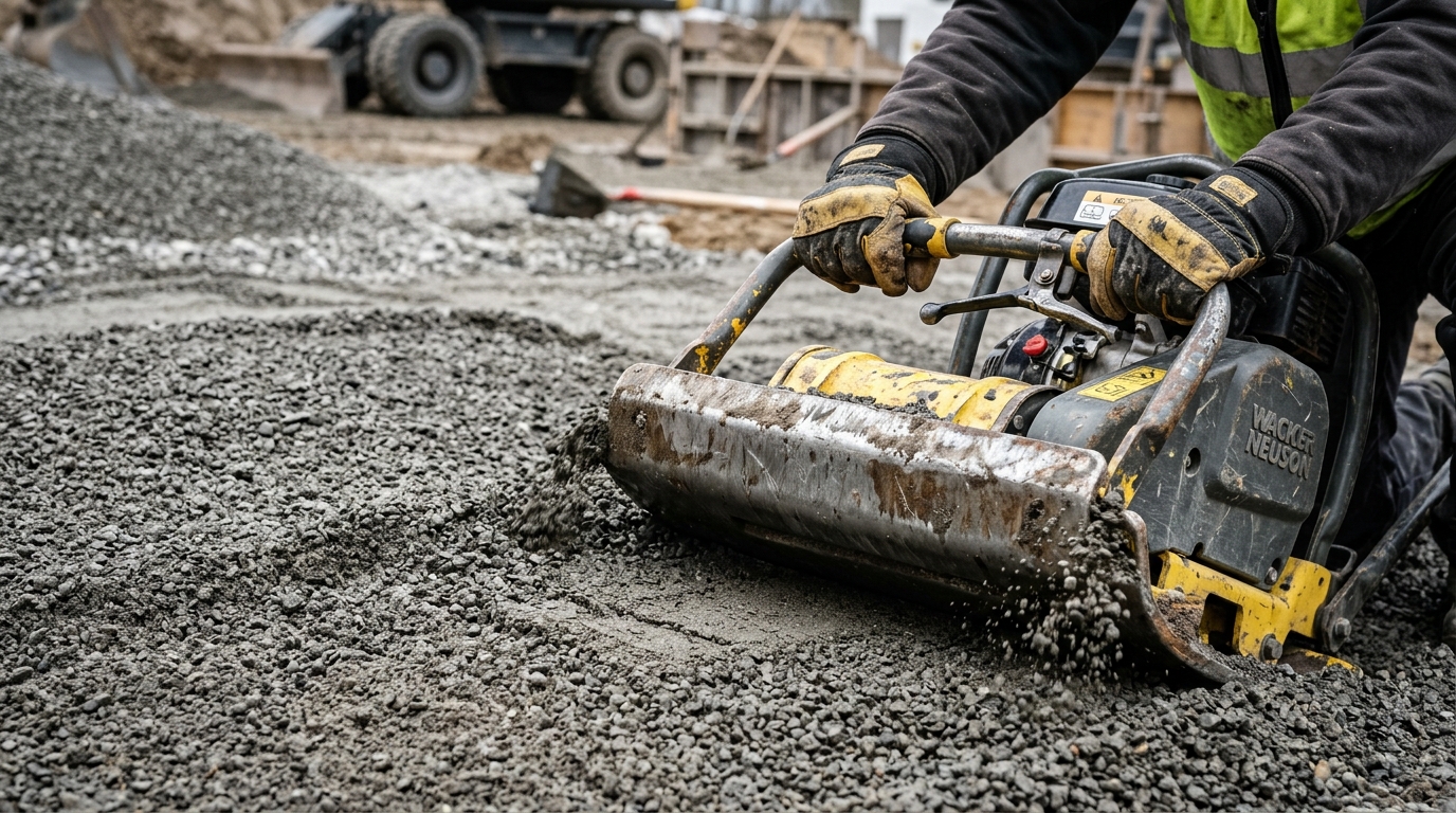 Close up of a professional plate compactor smoothing a granular paver base during a landscaping project.