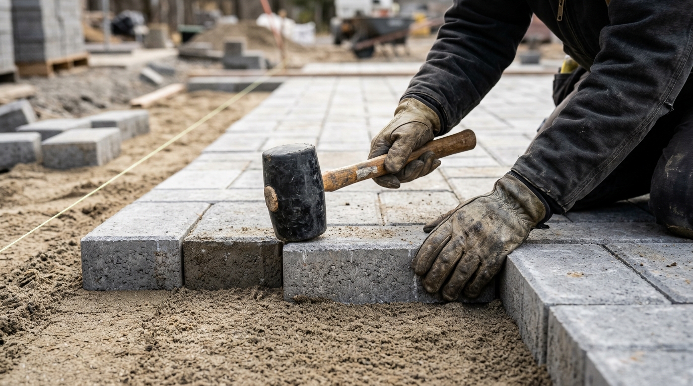 Close up of a contractors hands using a mallet for precision during a professional paver installation process.