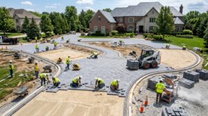 Wide view of workers executing a large scale paver installation on a spacious suburban driveway under natural sun.