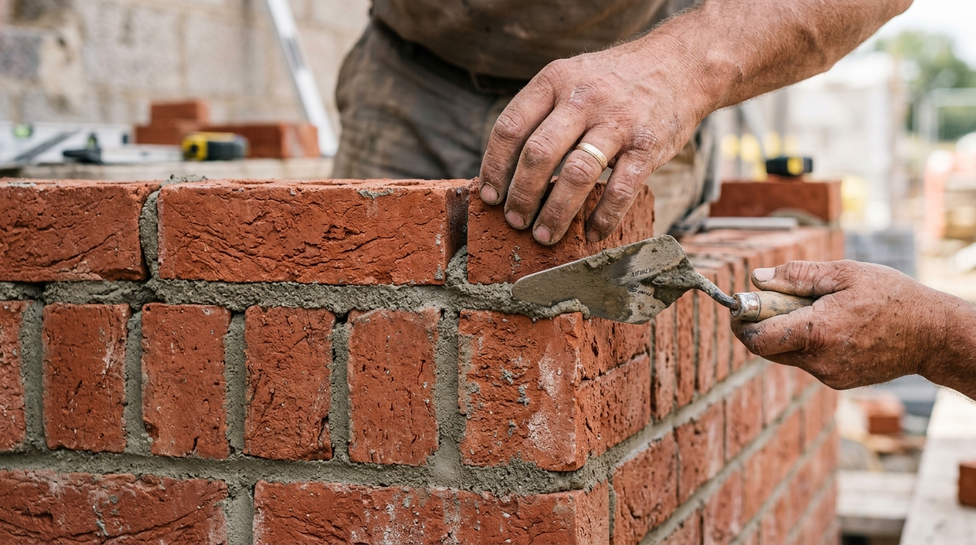 Close up of a mason laying bricks to show the difference between a soldier course vs sailor course in a construction site.