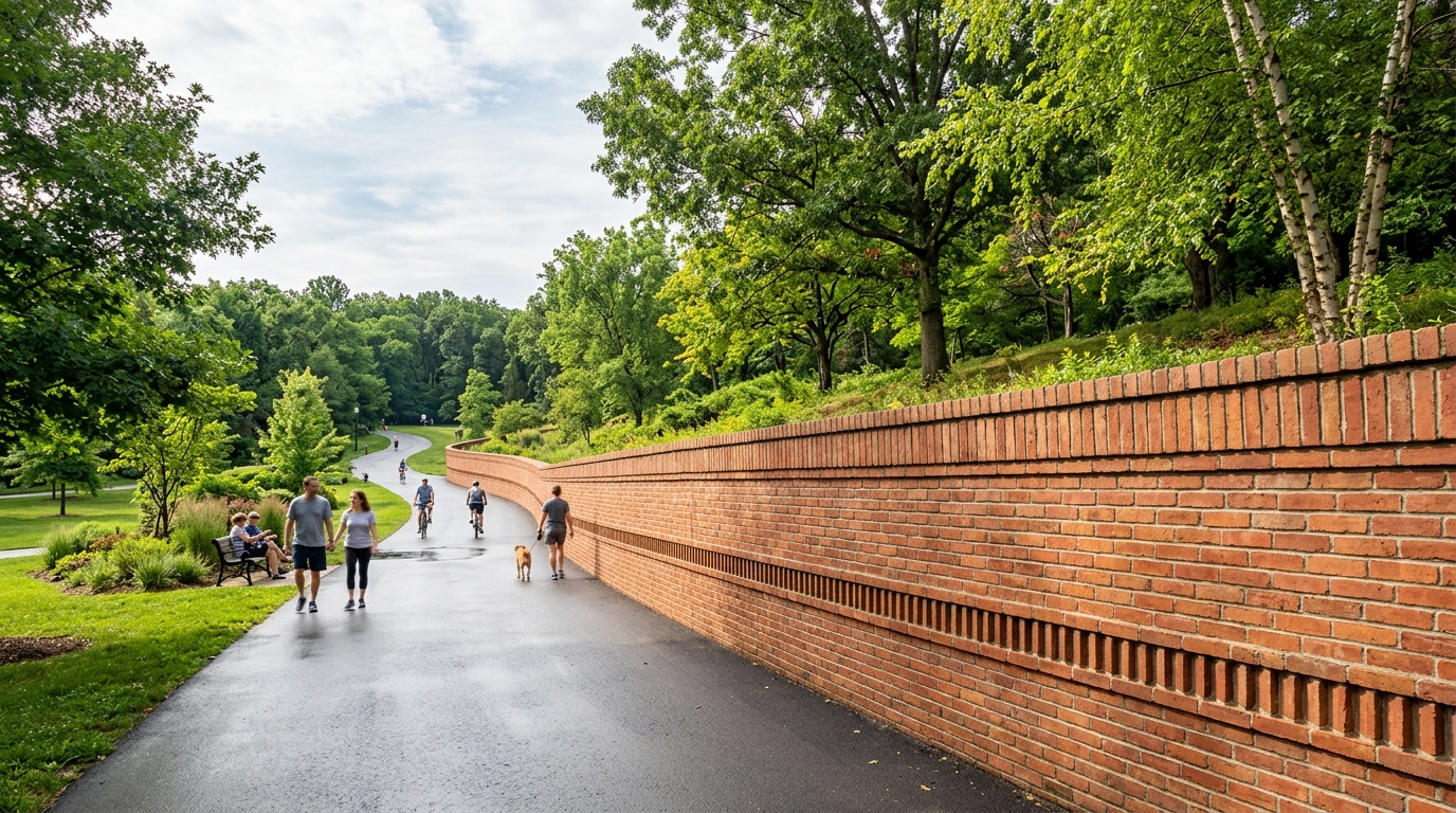 Wide shot of a brick wall displaying a soldier course vs sailor course pattern in a sunny park with professional masonry.