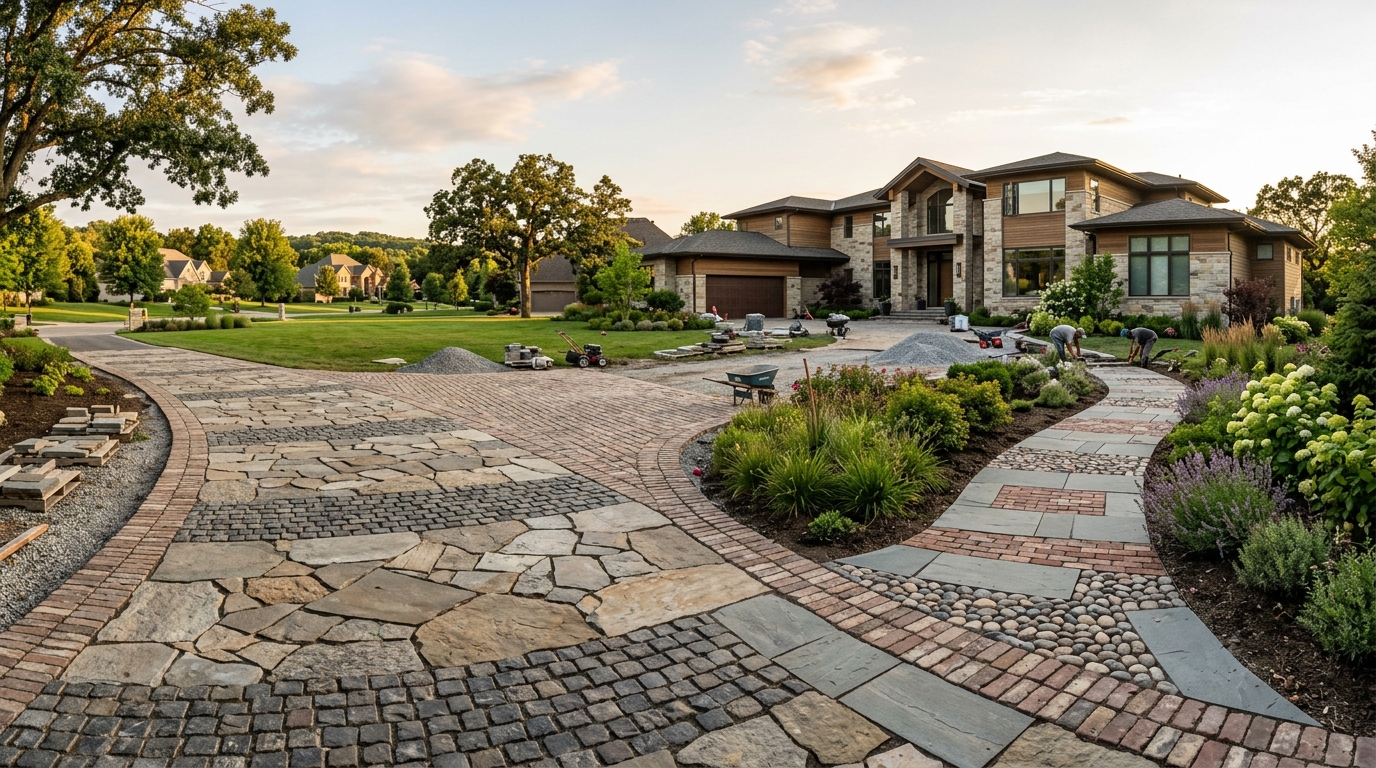 A wide residential driveway showcasing different types of pavers integrated into a modern landscape design under sunlight.