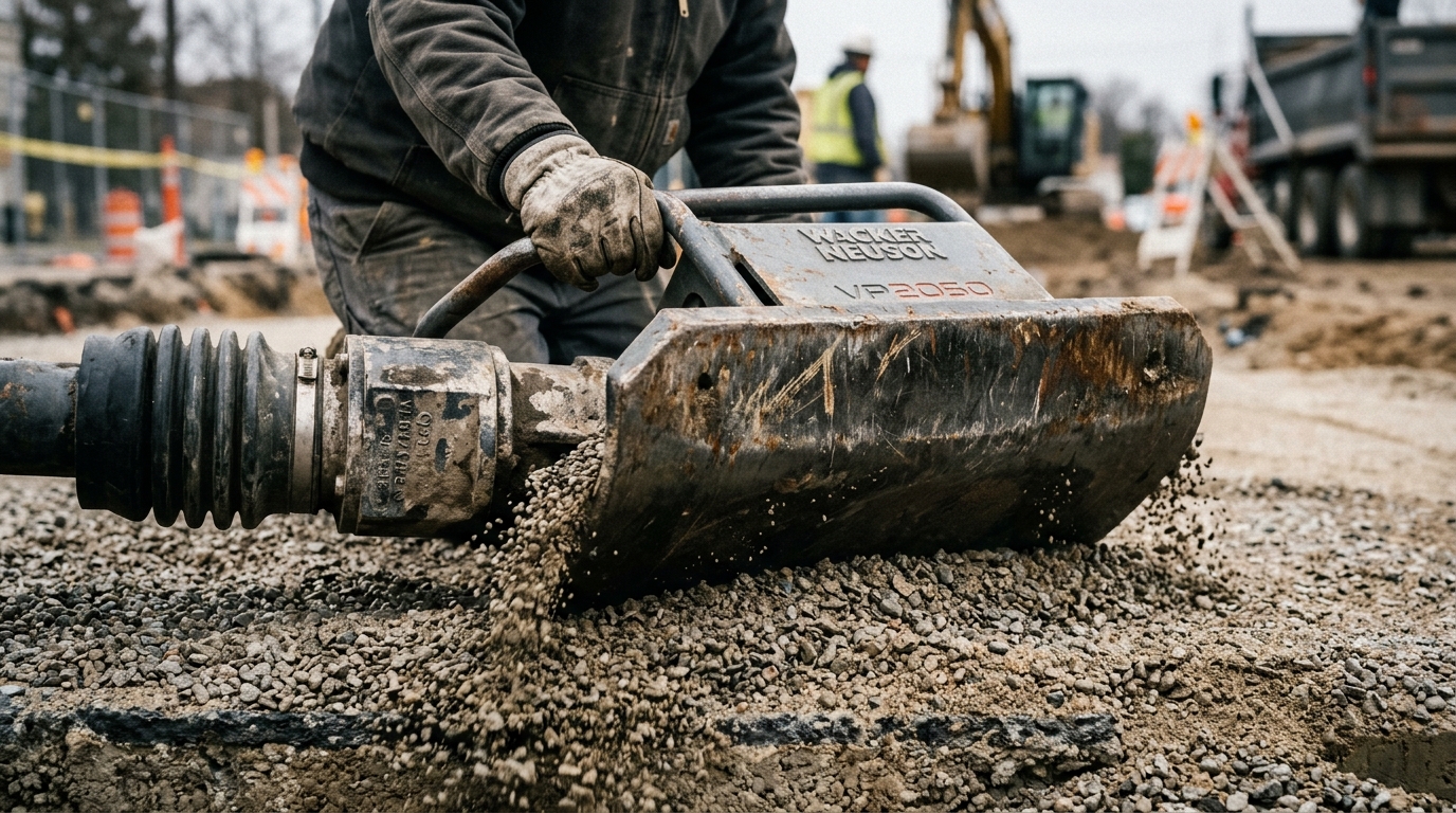 Close up of a compactor leveling gravel to show what is paver base used for in creating a stable driveway surface.