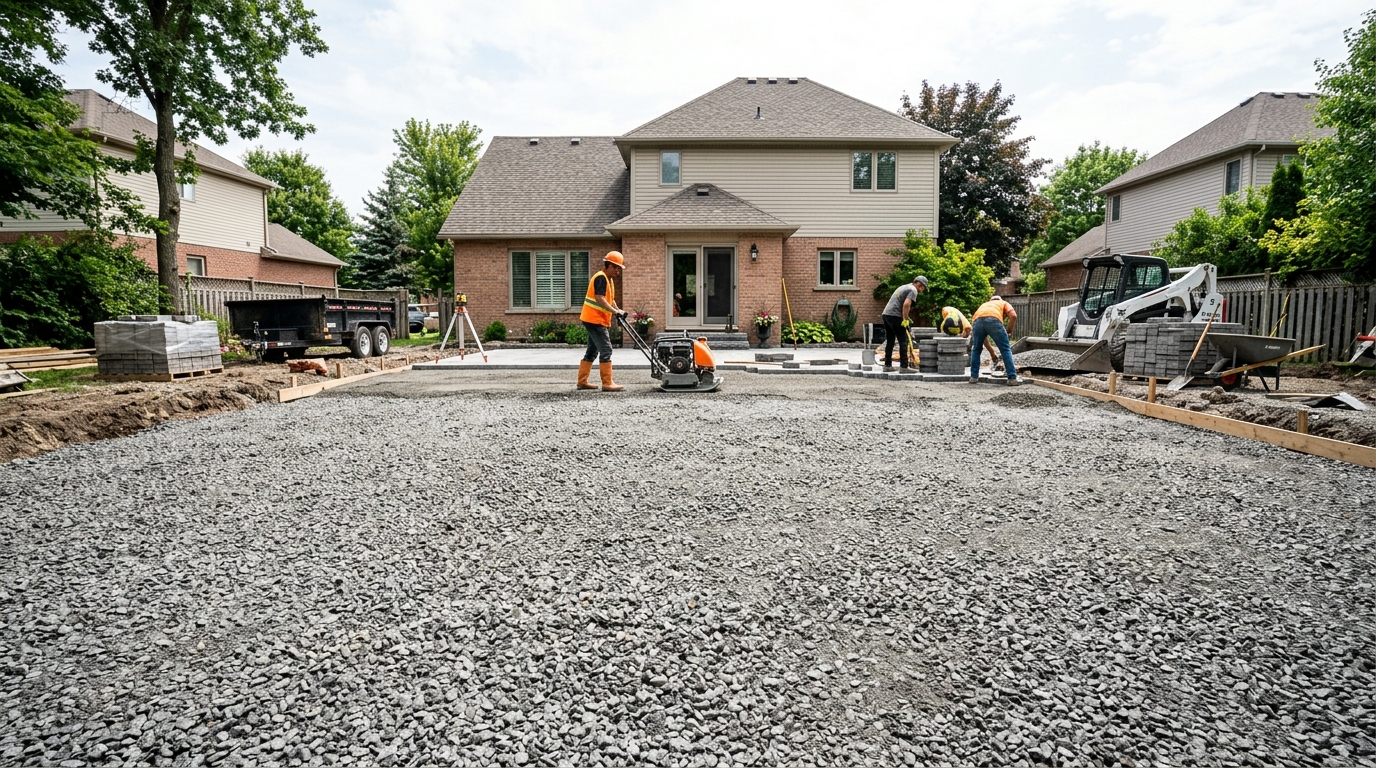 Wide shot of a backyard construction site showing what is paver base used for as a foundation for a new stone patio.