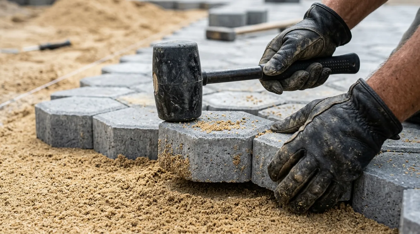Close up of worker placing stones by hand to demonstrate how long to install paver patio with precision.