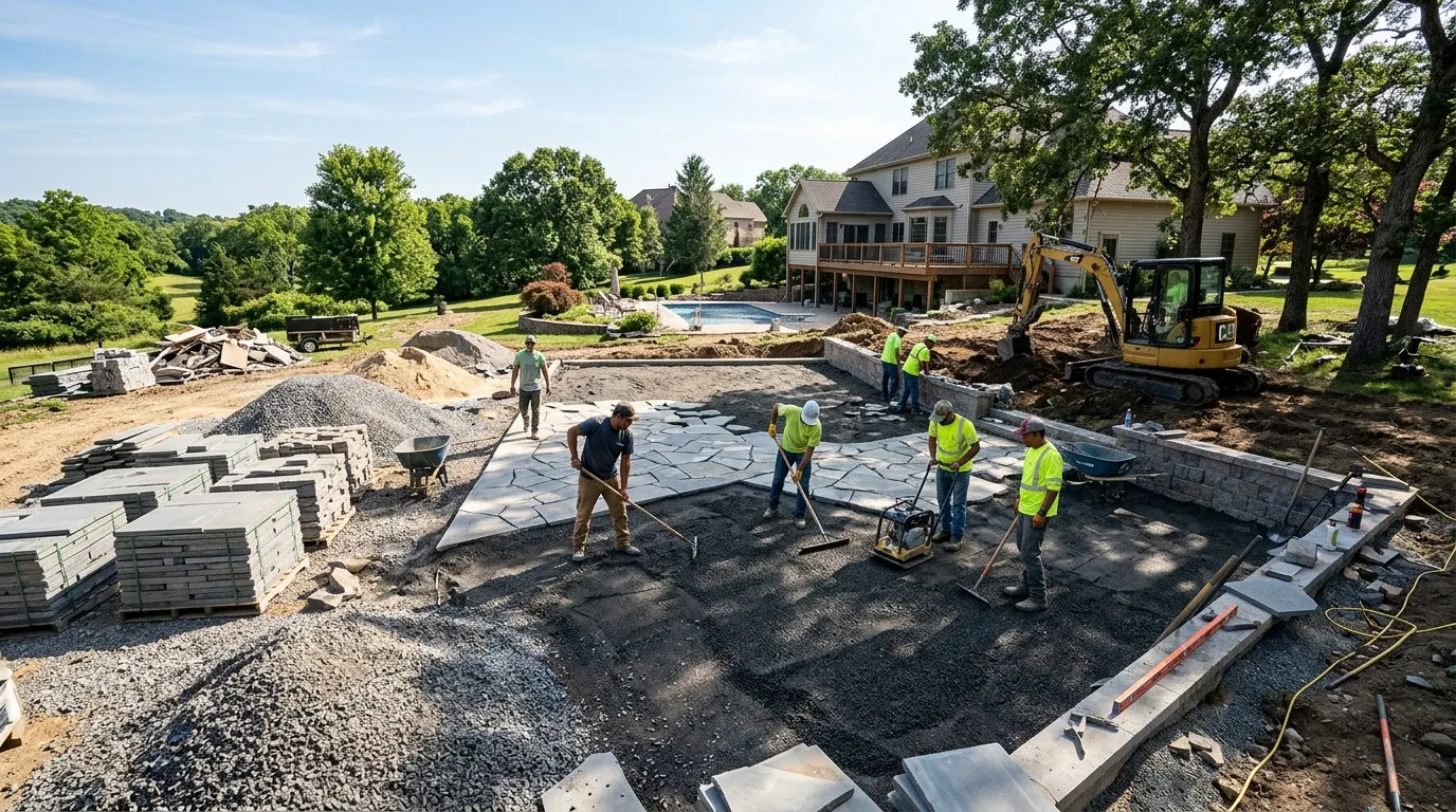Landscaping crew working on a large backyard project showing how long to install paver patio in a residential area.