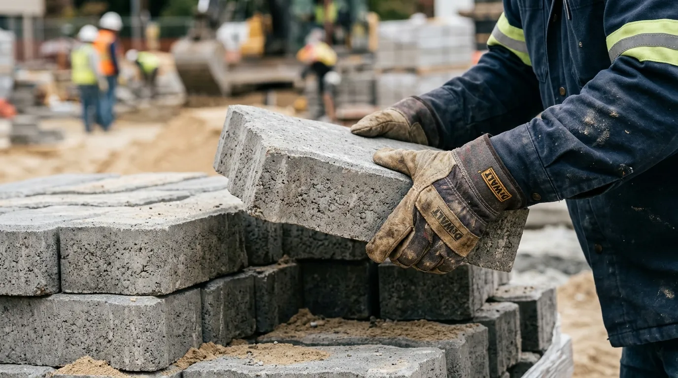 Close up of a worker lifting a heavy stone to show how much do pavers weigh during a professional patio installation.