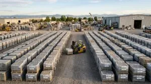 Industrial supply yard with pallets of stones used to calculate how much do pavers weigh for construction projects.