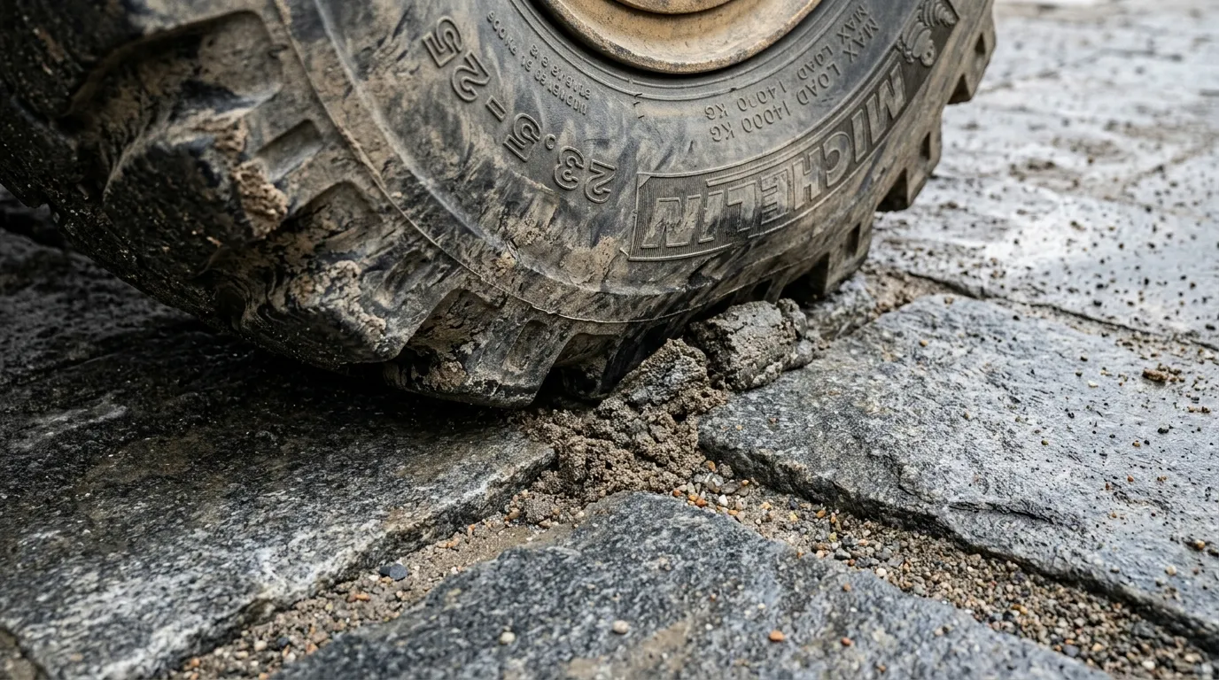 Close up of a heavy vehicle tire on stone pavement showing how much weight can pavers support under direct pressure.