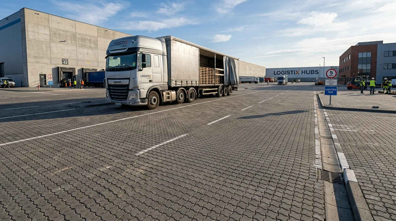 A heavy truck parked on a wide industrial lot to test how much weight can pavers support in professional settings.