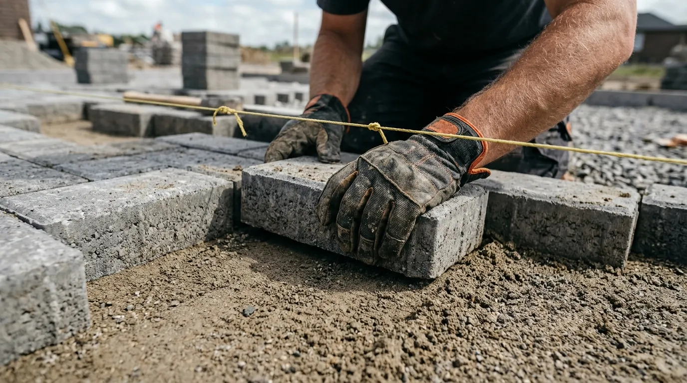 Close up of hands placing stones while learning how to build a raised paver patio with professional precision.