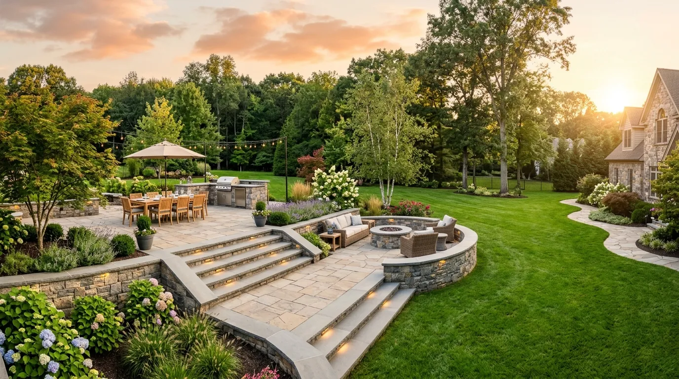 Wide view of a beautiful stone terrace showing how to build a raised paver patio with retaining walls in a backyard.