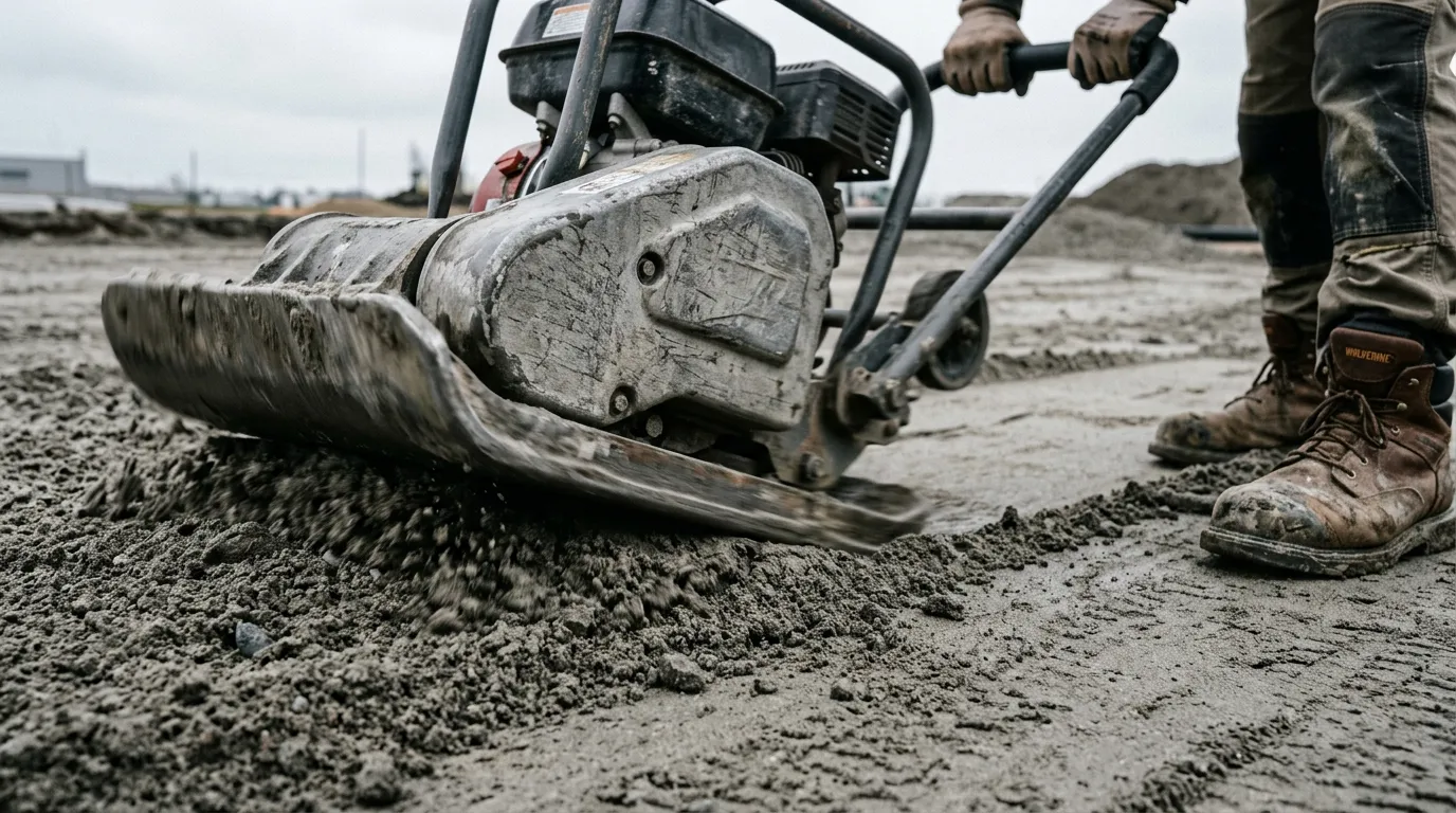 Close up of a vibrating plate compactor machine showing exactly how to compact paver base with precision.