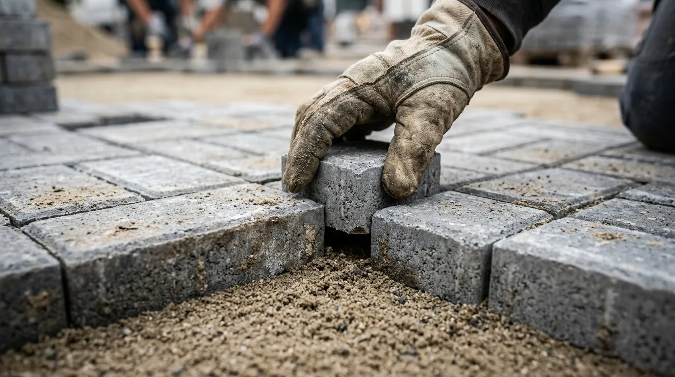 Close up of a construction worker placing individual stone pavers by hand to create a precise interlocking pattern.