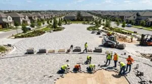 Wide shot of a construction site showing a large outdoor area being paved with grey and tan concrete pavers in sunlight.